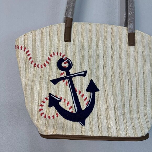 Vera Bradley Women's Straw Tote Bag Regatta Anchor Cream Nautical Multi Large - Picture 2 of 12
